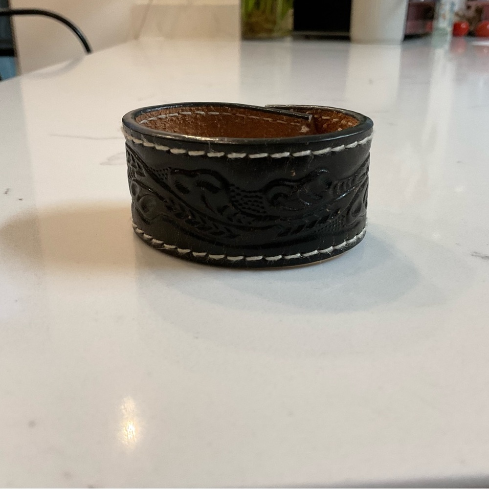 Intricate Black Leather Men's Cuff Bracelet
